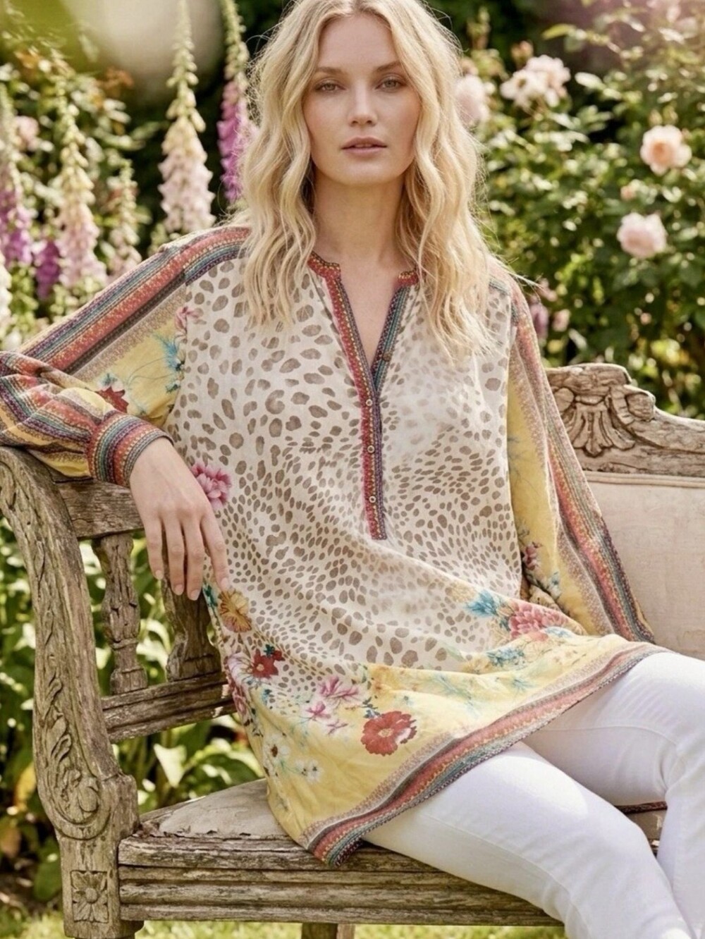 Johnny Was Sheer Oversized XS Yellow Floral & Leopard Print Tunic Luxe Boho Chic
